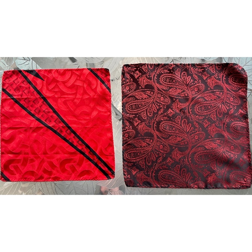 2 Piece Red Silk Pocket Square Set Paisley Geometric Hand Rolled Hem